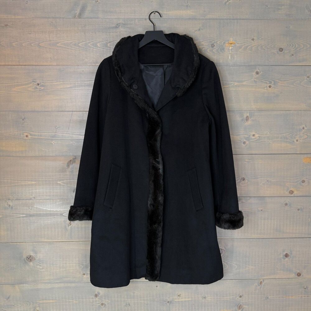 Vintage Black Wool Blend Over Coat w/ Faux Fur Trim Fits Women's L - XL